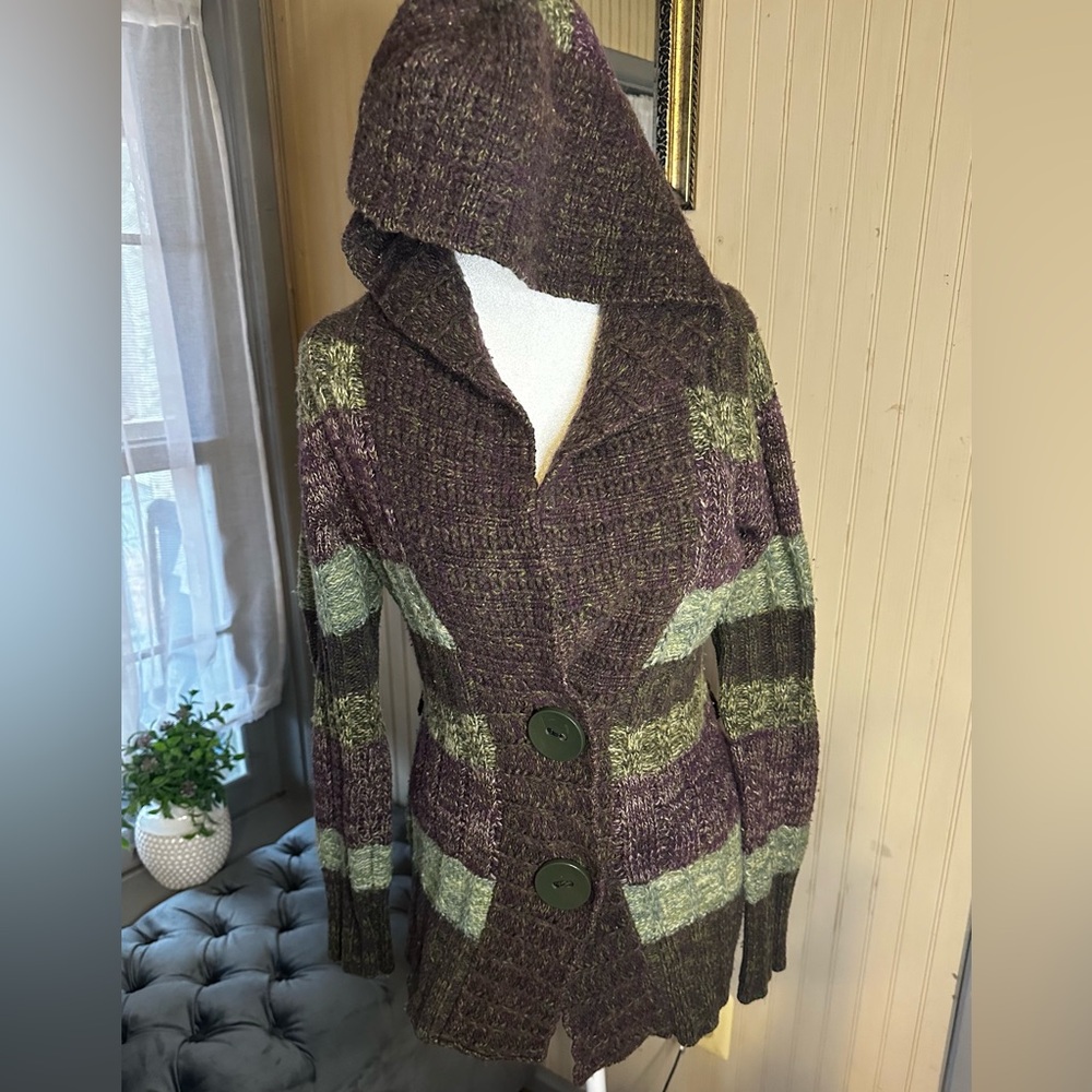 Y2K Chunky Knit Hooded Cardigan Sweater Striped Boho Indie Earth Tone M Lux